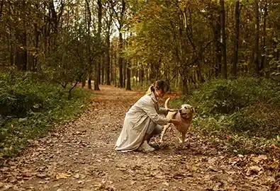 Owner kneeling down next to dog on forest trail